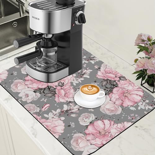 Pink Flowers and Leaves Coffee Mat Absorbent Dish Drying Mat for Kitchen Counter Hide Stain Rubber Backed Coffee Bar Accessories Fit Under Espresso Machine Dish Drainer
