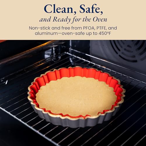Fluted Tart Pan 9 Inch Removable Bottom with Patented Silicone Crust Shaper