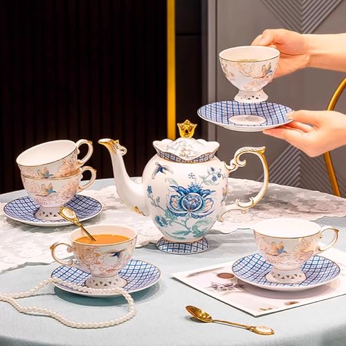 Blue Floral Porcelain Tea Set with 6 Cups and Saucers