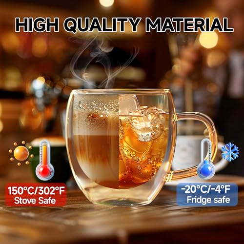 Set of 4 Double Walled Glass Coffee Mugs 6 Ounces Insulated Layer Coffee Cups with Handle Borosilicate Glass Espresso Cup for Hot Beverage (4 Count)
