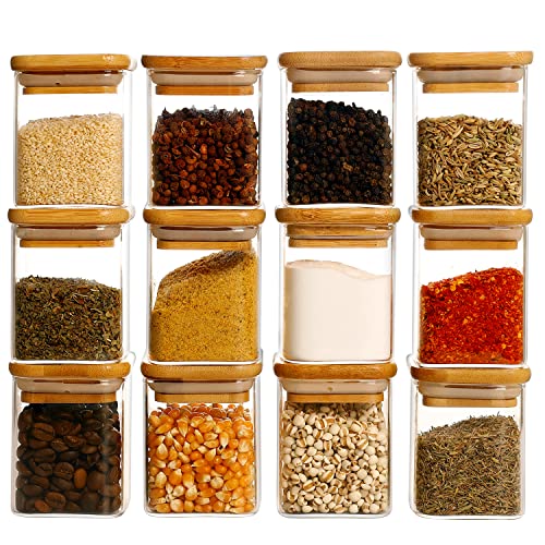 12 Pcs Square Glass Spice Jars with Natural Bamboo Lids
