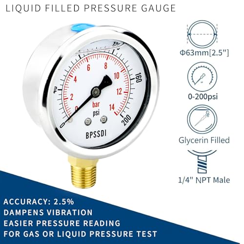 0 200 Psi Glycerin Liquid Filled Low Pressure Gauge