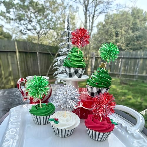 30Pcs Foil Firework Cupcake Toppers Sparkle Tinsel Cake Toppers Tinsel Drink Cake Decoration Cocktail Picks for Birthday Wedding Graduation Party Supplies Silver Green Red (30 Count)