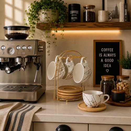 Ceramic Demitasse Espresso Cups Set with Saucers and Metal Stand (4 Count)