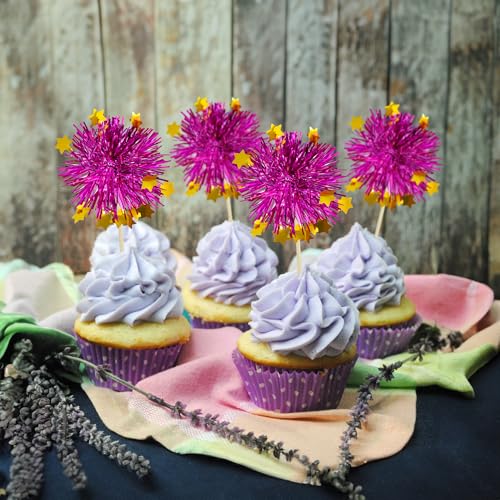 30Pcs Foil Firework Cupcake Toppers Party Birthday Cake Toppers Supplies Sparkle Tinsel Cocktail Fruit Toothpick for Birthday Wedding Graduation Party Purple (30 Count)