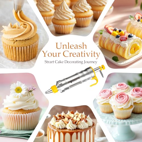 Dessert Decorating Syringe Set Icing Piping Kit Frosting Piping Kit Stainless Steels Cake Decorating Kit with 10 food grade stainless steel piping tips & 50 Disposable Piping Bags Yellow (63 Count)