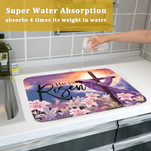 Easter Cross He is Risen Dish Drying Mats 18x24 Inch Spring Drying Mat Absorbent Microfiber Dishes Pad Easter Lily Flowers Dish Drainer Mat Protector for Kitchen Countertops Fast Dry Tableware