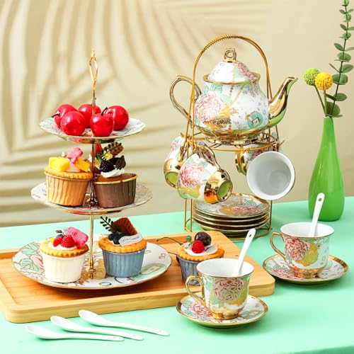 21 Pcs Porcelain Tea Set for Women Tea Party with Metal Holder and 3 Tier Cake Stand Ceramic European Floral Teapot Set for Adults Mother's Day Christmas Thoughtful Gift