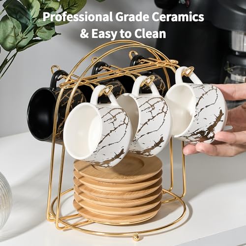 Ceramic Espresso Cups with Saucers and Metal Stand (7.6 Count)