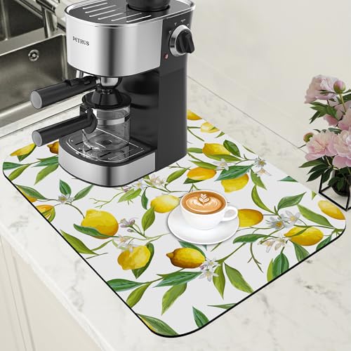 Lemon Fruits Coffee Mat Absorbent Dish Drying Mat for Kitchen Counter Hide Stain Rubber Backed Coffee Bar Accessories Fit Under Espresso Machine Cafe Table