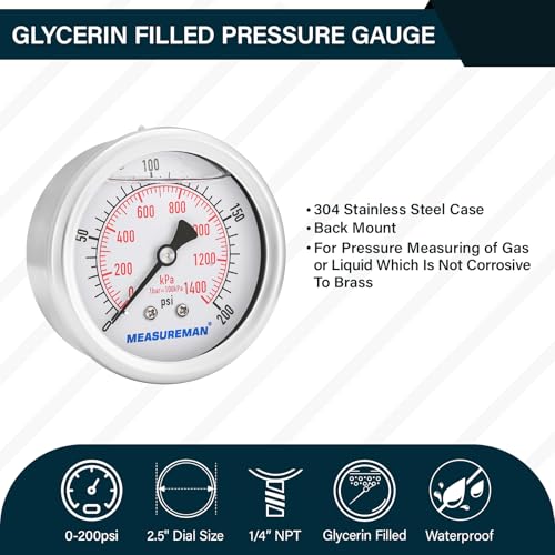 2-1/2inch Dial Size, Glycerin Filled Pressure Gauge, 0-200psi/kpa, 304 Stainless Steel Case, 1/4inchNPT Center Back Mount