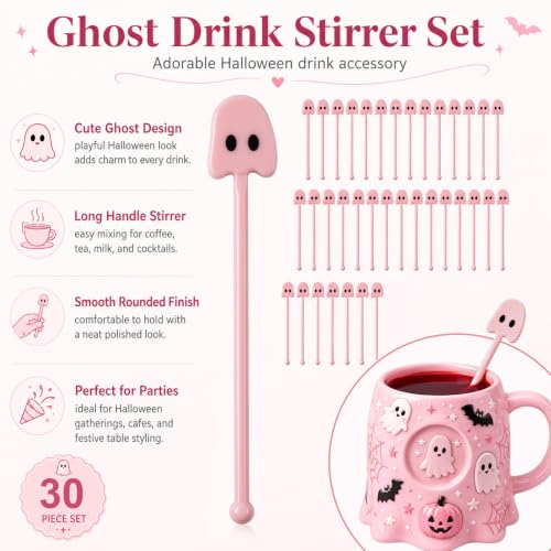30 Pcs Halloween Swizzle Sticks Pink Ghost Fall Drink Stirrers (30 Count)