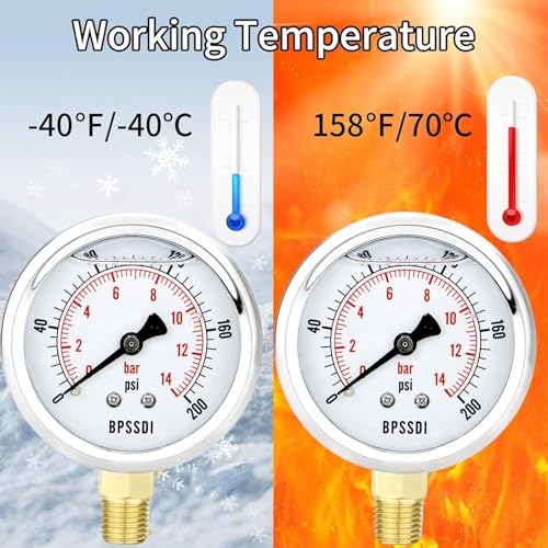 0 200 Psi Glycerin Liquid Filled Low Pressure Gauge