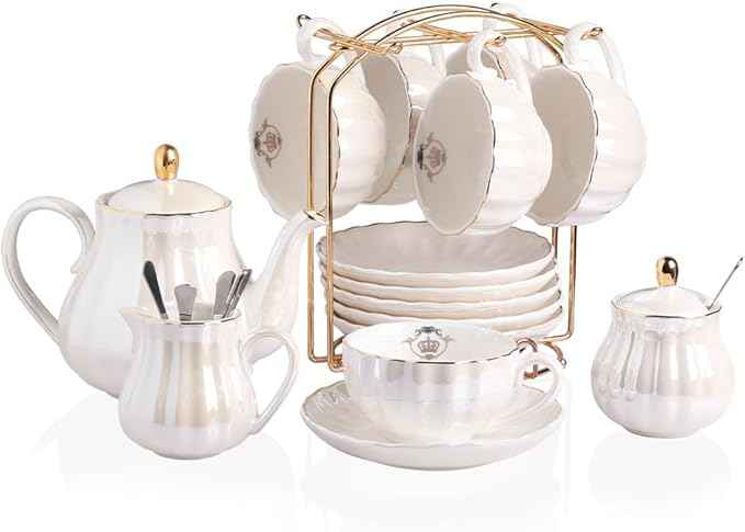 Sweejar Porcelain Tea Sets British Royal Series, 8 OZ Cups& Saucer Service for 6, with Teapot Sugar Bowl Cream Pitcher Teaspoons and tea strainer for Tea/Coffee (Coral White)