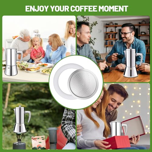 2 Pcs Filter with 3 Pcs Silicone Gasket Seals for 6 Cup Stovetop Espresso Coffee Maker Replacement Parts for 304 Stainless Steel Moka Pot (5 Count)