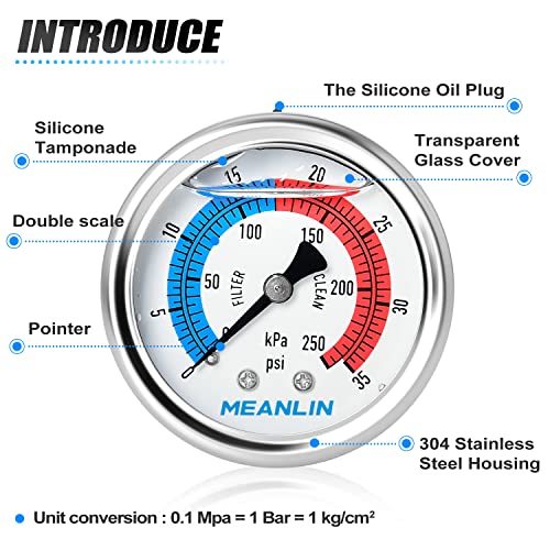 1/4" NPT 0-35psi Pressure Gauge, 2" Dial Glycerine Filled Pool Filter, 304 Stainless Steel Housing, Back Mount, with 1/2" NPT and 3/8" NPT Hex Bushing