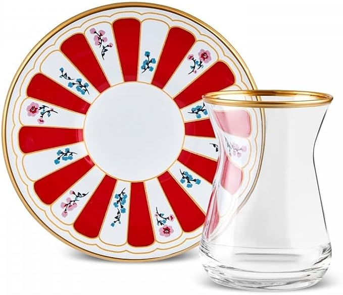 KARACA Bursa 12-Piece Turkish Tea Glass & Saucer Set 132 ml – Red Glass Tea Set for 6 People