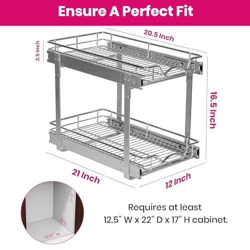 2-Tier Pull-Out Cabinet Organizer for Kitchen, 12" W x 21”D x 16.5" H