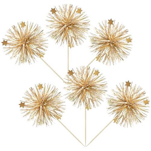 30Pcs Foil Firework Cupcake Toppers Party Birthday Cake Toppers Supplies Sparkle Tinsel Cocktail Fruit Toothpick for Birthday Wedding Graduation Party Supplies Gold (30 Count)