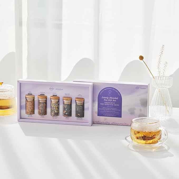 KKOKDAM Lovely Blending Tea Gift Set – Premium 5-Flavor Tea Sampler (3 Herbal & 2 Black Tea Blends) – Loose Leaf Tea Variety Pack in Glass Jars – Unique Korean Gift Box for Women, Mom & Tea Lovers