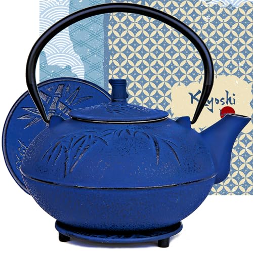 85 Oz XXL Blue Bamboo Cast Iron Teapot
