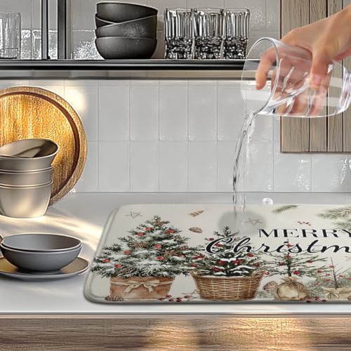 Merry Christmas Dish Drying Mats Winter Xmas Tree Dish Mat Snowflake Drying Matt Dishes Dryer Pad for Kitchen Counter Absorbent Microfiber Washable Foldable Reusable 18x24 in