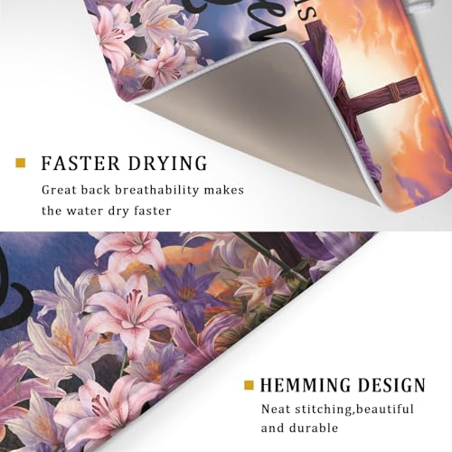 Easter Cross He is Risen Dish Drying Mats 18x24 Inch Spring Drying Mat Absorbent Microfiber Dishes Pad Easter Lily Flowers Dish Drainer Mat Protector for Kitchen Countertops Fast Dry Tableware