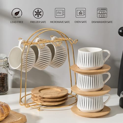 Ceramic Coffee Espresso Cups with Saucers Set with Metal Holder (7.6 Count)