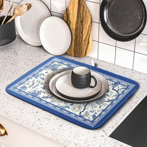 Chinoiserie Dish Drying Mat 16x18in Blue White Oriental Floral Birds Kitchen Drainer Mats Porcelain Flowers Reversible Microfiber Dish Drying Pad Small for Countertop Home Decor