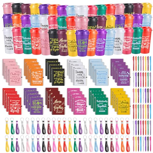 48 Set 192 Pcs Team Appreciation Gifts Bulk Team Thank You Gift Set 16 oz Coffee Cups Thank You Mini Spiral Notebooks Pens Keychains for Staff Teacher (48 Count)