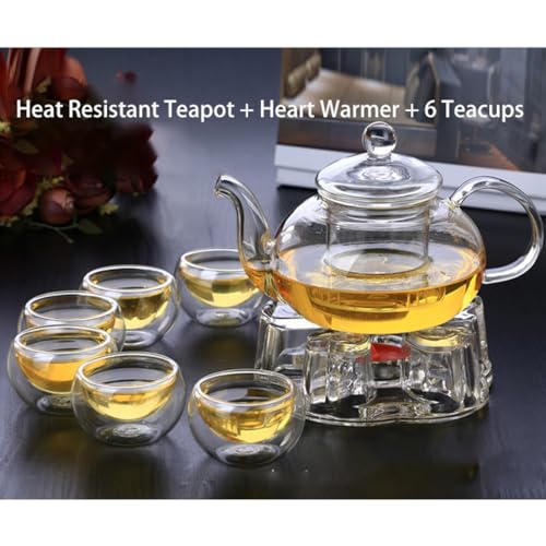 Glass Teapot with Infuser Clear Glass Tea Kettle with 6 Teacups and teapot warmer