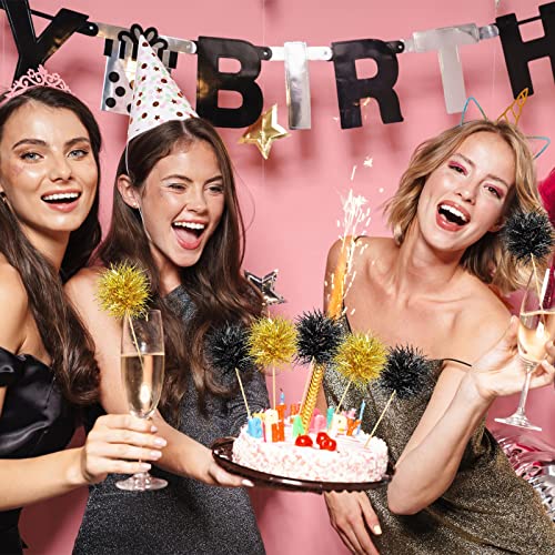 100 Pcs Foil Firework Cupcake Toppers Black and Gold Sparkle Tinsel Cake Toppers New Year Cake Decoration Cocktail Fruit Toothpick for Birthday Wedding Graduation Party