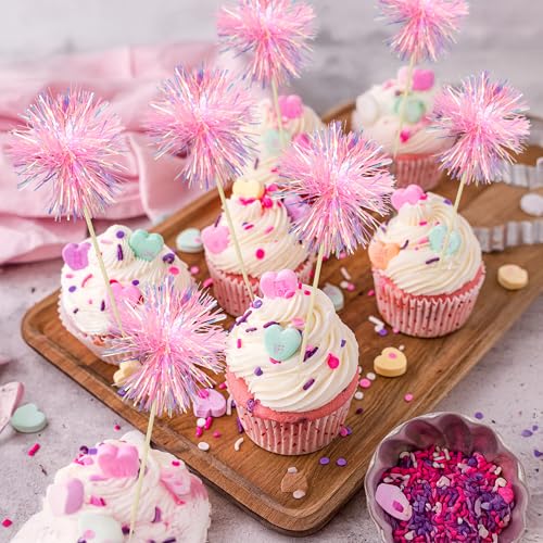 30Pcs Foil Firework Cupcake Toppers Sparkle Tinsel Cupcake Picks Happy Birthday Cake Toppers Drink Cocktail Food Fruit Toothpicks for Baby Shower Birthday Party Supplies Pink (30 Count)