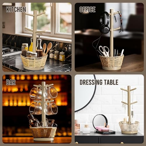 Wood Mug Holder Tree with Woven Basket