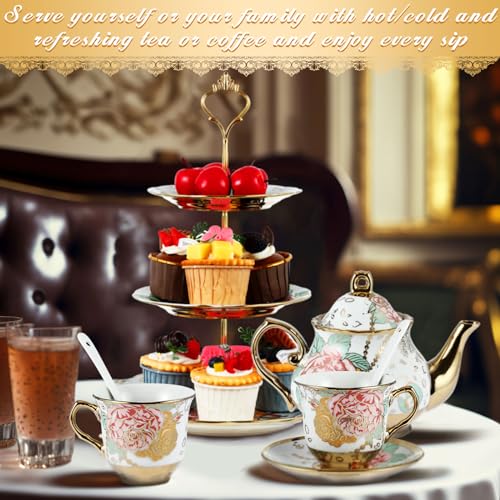 21 Pcs Porcelain Tea Set for Women Tea Party with Metal Holder and 3 Tier Cake Stand Ceramic European Floral Teapot Set for Adults Mother's Day Christmas Thoughtful Gift