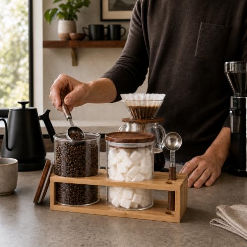 2 Glass Coffee Canister Set with Bamboo Rack & Scoops (5 Count)