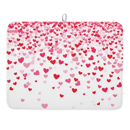 Valentine's Day Dish Drying Mat for Kitchen Counter Love Heart Kitchen Dish Drying Pad 18”x24” Absorbent Reversible Happy Valentine Dishes Drainer Pad Dish Drying Rack Mat for Countertop