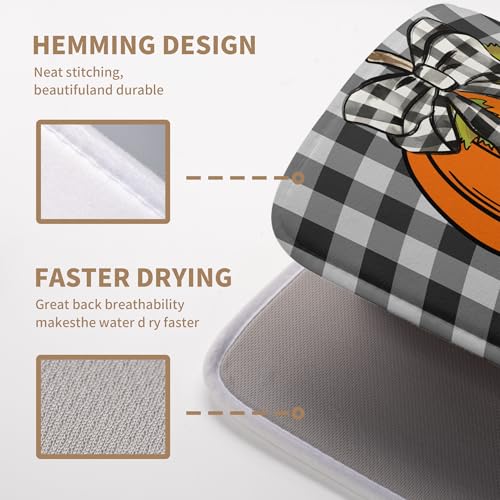 Fall Pumpkin Dish Drying Mats Thanksgiving Kitchen Drying Mat Buffalo Plaid Microfiber Large Dish Dryer Pad Maple Leaves Absorbent Dishes Drain Matt XL Washable Foldable