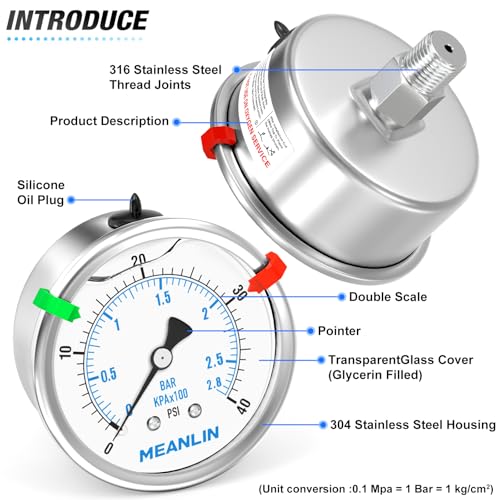 0~40Psi Stainless Steel Liquid Filled Pressure Gauge 2.5" FACE DIAL 1