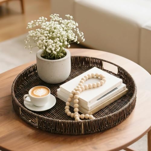 Round Ottoman Tray Large Wicker Serving Tray with Handles