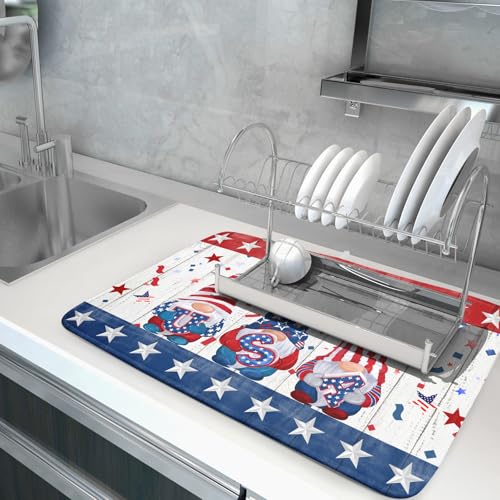4th of July Gnomes Dish Drying Mat 18x24 inch Patriotic Elf Usa Stars Dish Drainer Mats Independece Day Large Microfiber Dish Drying Pad for Kitchen Countertop Holiday Decor