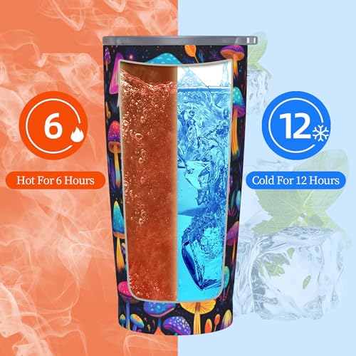 Mushroom Tumbler with Lid and Straw 20oz Coffee Tumblers Leakproof Stainless Steel Travel Mug Vacuum Insulated Cup for Iced and Hot (20 Count)