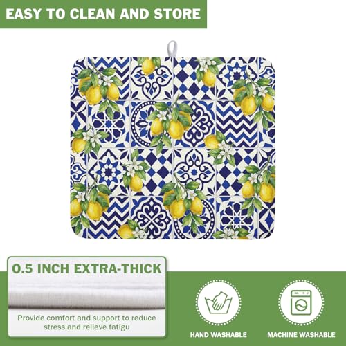 Lemon and Blue Tile Dish Drying Mat 16x18 Inch Absorbent Reversible Mexican Tilt Drying Mat Blue White Italy Lemons Dish Drying Rack Mat Summer Themed Dish Drainer Mat for Kitchen Counter Coffee Bar