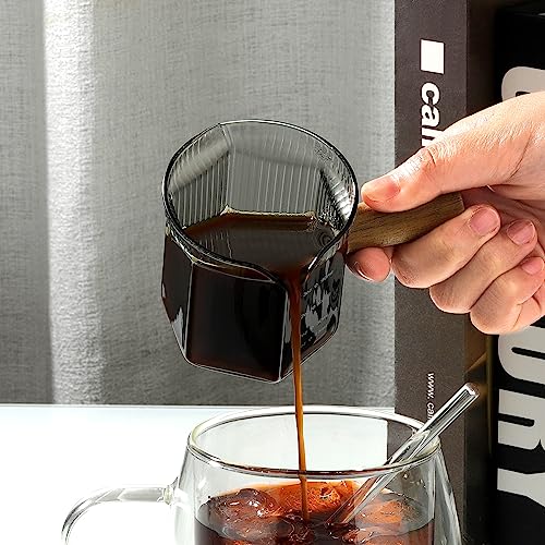 4 oz Grey Double Spouts Measuring Triple Pitcher Milk Cup with Wood Handle (4 Ounce)