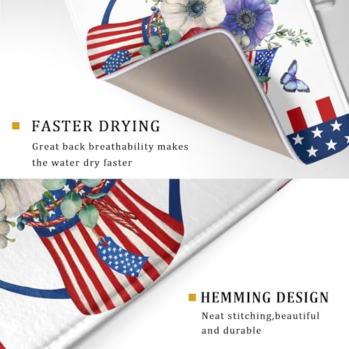 American Flag 4th of July Dish Drying Mats for Kitchen Counter Patriotic Flowers Dry Dishes Pads 16x18 Inch Microfiber Absorbent Independence Day Drainer Pad Tableware Mats Protector for Countertops