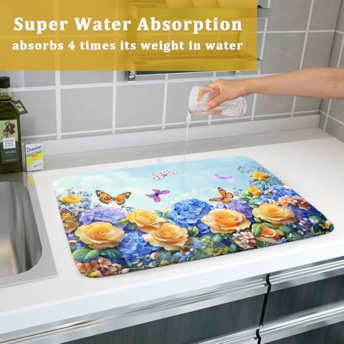Spring Blue Yellow Hydrangeas Flowers Dish Drying Mat for Kitchen Counter