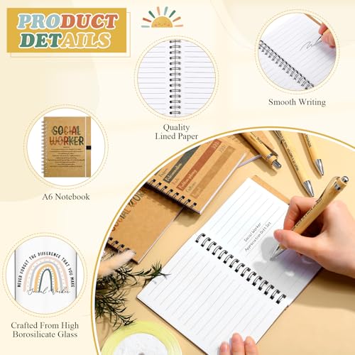 12 Pcs 4 Sets Social Worker Appreciation Week Gift Bulk Included 16oz Glass Coffee Cup with A6 Spiral Notebook Journal Pen for Graduation Gift for Bsw Msw Dsw Women Coworker Office Supplies (4 Count)