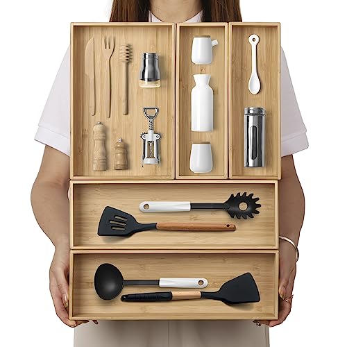 Stackable Bamboo Drawer Organizer Set of 5 for Kitchen (5 Count)