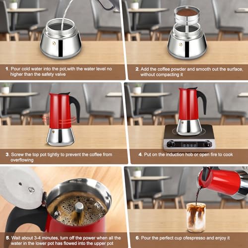 6 Cup Stovetop Espresso Maker Stainless Steel Moka Pot Stove Top Percolator Italian Coffee Makers Capable Mocha Greca Machine Cafe Classic Induction Cookers for Home and Camping 300ml 10oz