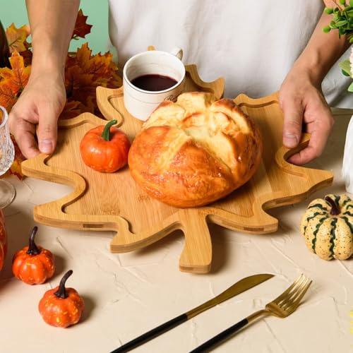 Maple Leaf Bamboo Serving Tray Thanksgiving Wooden Serving Platter Wood Snack Cheese Charcuterie Boards Wooden Fall Leaf Dish Plate for Halloween Autumn Harvest Party Supplies